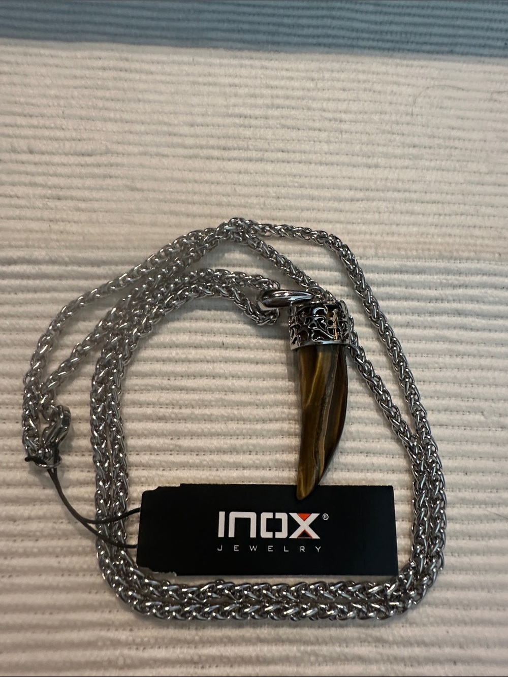 INOX Men’s Tiger Eye Horn Pendant Necklace in Brown and Silver
